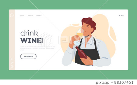Sommelier Tasting Wine Landing Page Template. Specialist Male Character Tasting Aroma and Drink Beverage from Wineglass 98307451