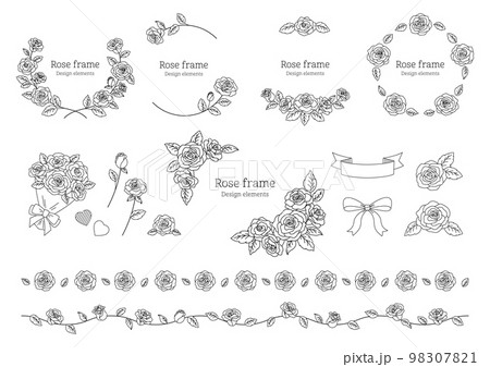 薔薇のベクターイラスト, フレームと装飾, バレンタインや結婚式, 白背景に黒色の線画. 98307821