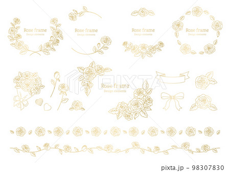 薔薇のベクターイラスト, フレームと装飾, バレンタインや結婚式, 白背景に金色の線画. 薔薇のベクターイラスト, フレームと装飾, バレンタインや結婚式, 白背景に金色の線画. 98307830
