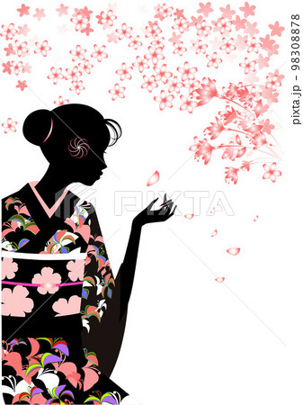 着物を着た女性のシルエットと桜の花 98308878