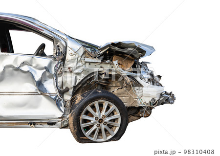 Silver car get hard damaged by accident on the road. Maintenance or car repair concept Silver car get hard damaged by accident on the road. Maintenance or car repair concept 98310408