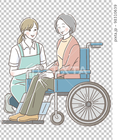 一位坐在輪椅上的高級女性和一位微笑的護理員女性 一位坐在輪椅上的高級女性和一位微笑的護理員女性 98310639