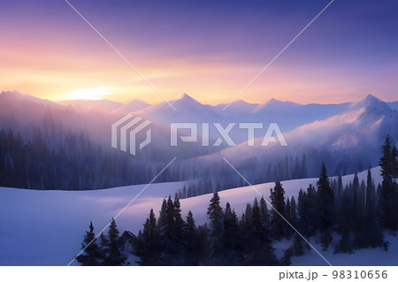 薄明りの雪山　 98310656