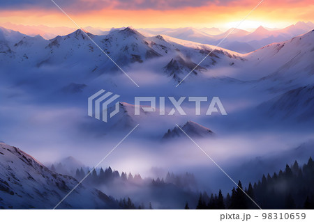 薄明りの雪山　 98310659