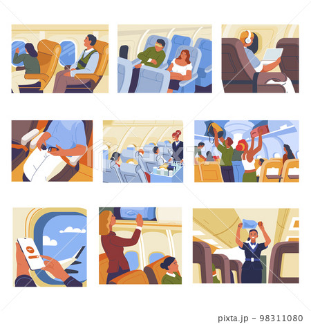 Traveling by airplane, buckling belt and sitting Traveling by airplane, buckling belt and sitting 98311080