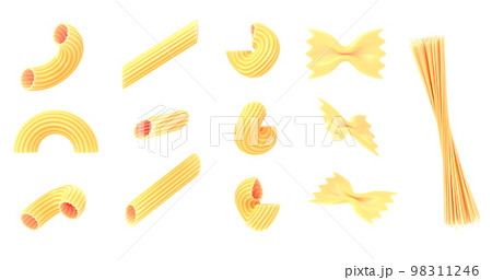 Pasta and macaroni icon set 3d render. Mockup dry penne, conchiglie, chiferri, farfalle, spaghetti isolated on white background, design elements for food advertising 98311246