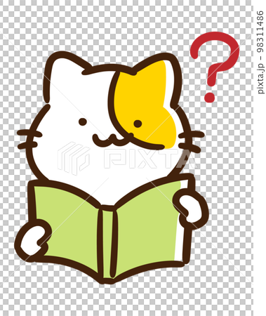 一個對書的內容有疑問的可愛貓角色的上半身插圖 98311486