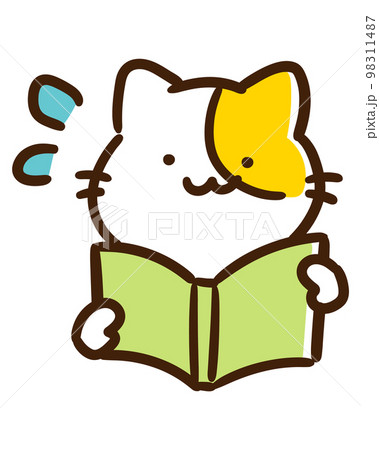 ドキドキハラハラしながら本を読むかわいいねこのキャラクターの上半身イラスト 98311487