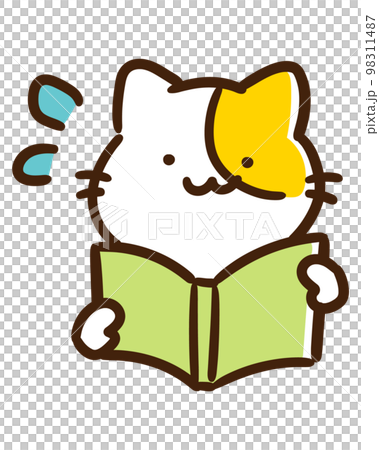 ドキドキハラハラしながら本を読むかわいいねこのキャラクターの上半身イラスト 98311487