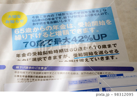 年金請求書　　老齢年金の請求と繰り下げ請求のイメージ 98312095