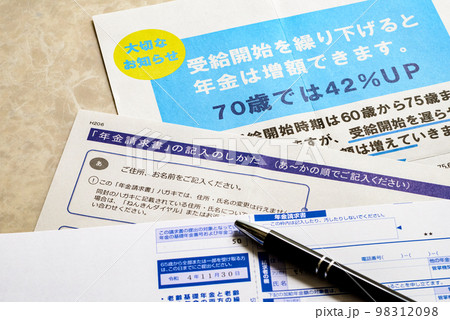年金請求書　　老齢年金の請求と繰り下げ請求のイメージ 98312098