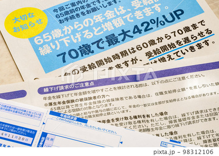 年金請求書　　老齢年金の請求と繰り下げ請求のイメージ 98312106