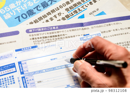 年金請求書　　老齢年金の請求と繰り下げ請求のイメージ 98312108