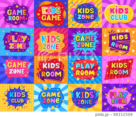 Kids zone cartoon labels, colorful play zone elements. Children playroom entertainment badges flat vector symbols set. Baby playground zone stickers collection 98312509