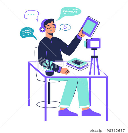 Blogger making photo and video content, book review concept. Vlogging man reviewing book novelties, subscription and followers attraction vector illustration set. Content creator character Blogger making photo and video content, book review concept. Vlogging man reviewing book novelties, subscription and followers attraction vector illustration set. Content creator character 98312657