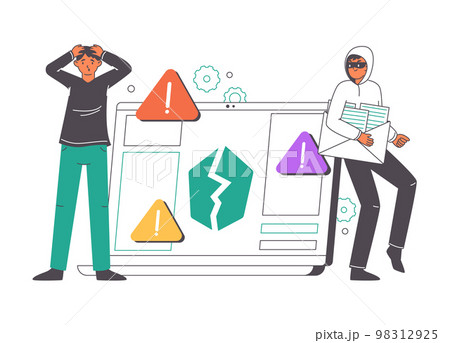 Cyber scam phishing, cyber crime concept. Online hacker attack, personal data protection, computer security outline flat vector illustration. Internet fraud crime Cyber scam phishing, cyber crime concept. Online hacker attack, personal data protection, computer security outline flat vector illustration. Internet fraud crime 98312925