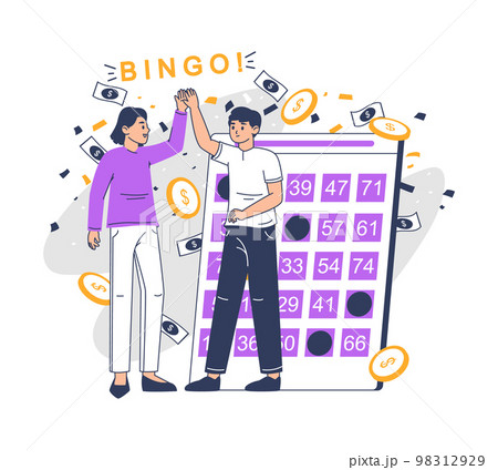 Flat bingo lucky players, lottery game prize winning. Outline gambling entertainment, successful bingo gamers flat vector illustration. People play bingo lotto game Flat bingo lucky players, lottery game prize winning. Outline gambling entertainment, successful bingo gamers flat vector illustration. People play bingo lotto game 98312929