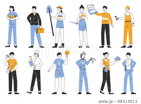 Linear workers in professional uniform, various occupations. People professions, IT programmer, doctor, policeman, chef and construction worker flat vector illustration set. Occupations collection 98313011