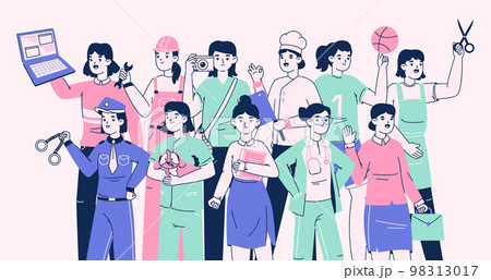 Professional female workers, businesswoman, doctor and police officer. Woman with different occupation, successful IT engineer and chef flat vector illustration. Occupations female equality Professional female workers, businesswoman, doctor and police officer. Woman with different occupation, successful IT engineer and chef flat vector illustration. Occupations female equality 98313017