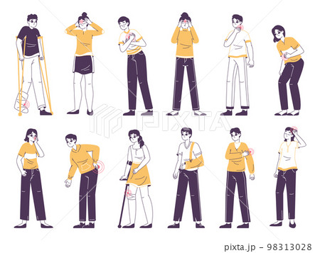 People with pain, physical injuries, throat, stomach or headache. Characters suffering from pain, physical diseases, bad medical conditions flat vector illustration set. Illness and pain types People with pain, physical injuries, throat, stomach or headache. Characters suffering from pain, physical diseases, bad medical conditions flat vector illustration set. Illness and pain types 98313028