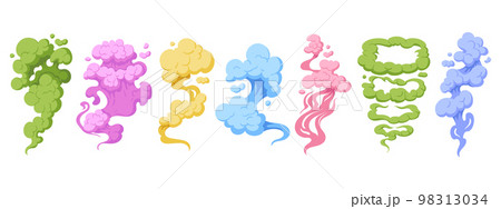 Cartoon colorful clouds, blue, green and pink smoke clouds. Pastel colours comic book stream cloud puffs flat vector symbols illustrations set. Multicoloured dust clouds 98313034