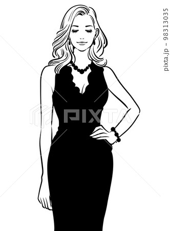 女性のモノクロ線画イラスト素材 98313035