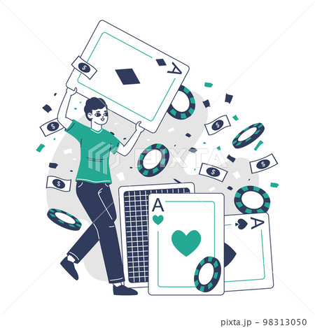 Gambling people, linear lucky casino player. Fortune games happy winner, outline roulette and poker winning flat vector background illustration. Prize winning concept 98313050