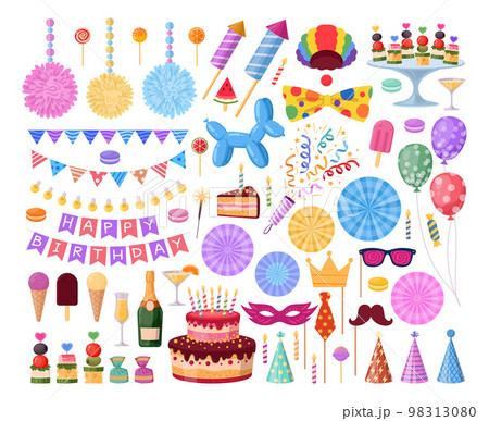 Birthday party cartoon elements, cake, balloons and gifts. Happy birthday celebration decorations, garlands, sweets and cake with candles flat vector illustration set. Festive celebration bundle 98313080