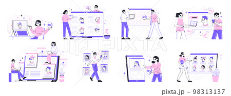 Non-fungible token, NTF crypto arts, people sale and buy crypto art. Digital NTF arts market, artists creating non fungible token via blockchain flat vector Illustration set. Crypto art scenes Non-fungible token, NTF crypto arts, people sale and buy crypto art. Digital NTF arts market, artists creating non fungible token via blockchain flat vector Illustration set. Crypto art scenes 98313137