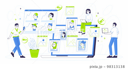 Flat NFT crypto art marketplace, cryptocurrency masterpiece concept. People sell non fungible tokens, blockchain technology digital crypto art flat vector illustration. Non fungible token buying scene Flat NFT crypto art marketplace, cryptocurrency masterpiece concept. People sell non fungible tokens, blockchain technology digital crypto art flat vector illustration. Non fungible token buying scene 98313138