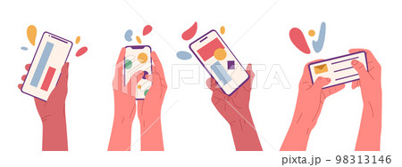 Flat hands hold smartphone, use touch screen device. Mobile payment, video chat or online shopping vector illustration set. Human hands holding mobile phones 98313146