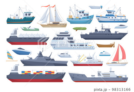 Sea shipping boats, cartoon ships, yacht and motorboat. Travel ocean cruise boat, fishing and cargo shipping boats flat vector illustrations collection. Water transport set Sea shipping boats, cartoon ships, yacht and motorboat. Travel ocean cruise boat, fishing and cargo shipping boats flat vector illustrations collection. Water transport set 98313166