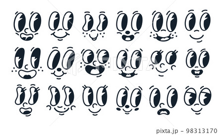 Hand drawn comic smiling faces with eyes and mouths. Doodle emoji mascots, retro mouths and eyes flat vector illustration collection. Cartoon cute comic characters Hand drawn comic smiling faces with eyes and mouths. Doodle emoji mascots, retro mouths and eyes flat vector illustration collection. Cartoon cute comic characters 98313170