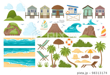 Cartoon tropical sandy beach and sea landscape constructor. Summer beach, palm trees, ocean waves, beach cabin and boats flat vector illustrations set. Nature paradise view elements 98313174