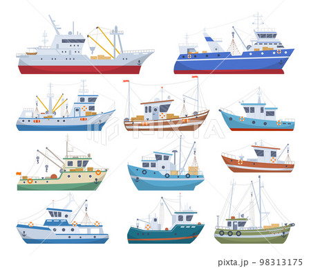 Cartoon fishing boats, seafood industry nautical ships. Commercial fishing ships, fishermen shipping trawlers flat vector illustrations collection. Fishing boats set Cartoon fishing boats, seafood industry nautical ships. Commercial fishing ships, fishermen shipping trawlers flat vector illustrations collection. Fishing boats set 98313175