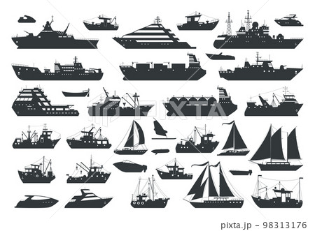 Cartoon ships, sea travel boats and sailboats silhouettes. Industrial and commercial sailing ships, motorboats and fishing trawlers flat vector illustrations collection. Shipping boats silhouettes 98313176
