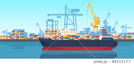 Cartoon cargo dock, industrial sea shipping port. Sea harbour, cargo logistics barge ships, water trucking industry transport vector illustration. Flat industrial port concept 98313177