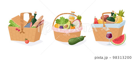 Wicker picnic baskets full of fruits, vegetable, cheese, bread and wine. Snack hamper baskets, beverage, dining, dish wicker baskets flat vector set. Handle picnic basket collection 98313200