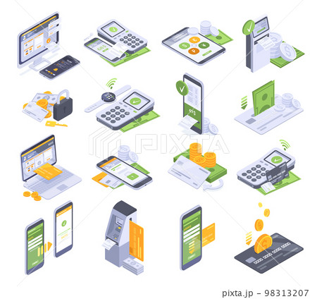 Isometric online banking payments, money transfer, mobile cashier. Secure mobile payments through electronic gadgets 3d vector illustration set. Online smartphone transactions Isometric online banking payments, money transfer, mobile cashier. Secure mobile payments through electronic gadgets 3d vector illustration set. Online smartphone transactions 98313207