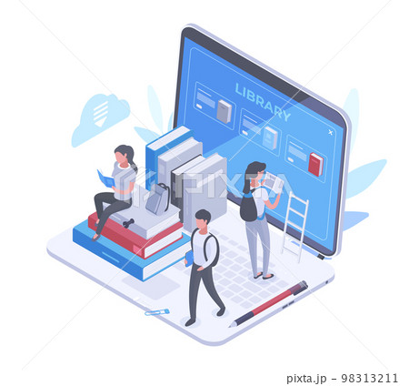 Isometric online library, mobile education e-learning concept. E-books online bookshelf, people reading online 3d vector illustration. Mobile library app design Isometric online library, mobile education e-learning concept. E-books online bookshelf, people reading online 3d vector illustration. Mobile library app design 98313211