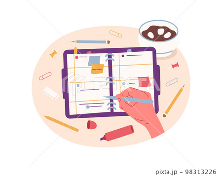 Hand holding pencil, fiat writing hand, female arm filing planner. Cartoon hand making notes isolated flat vector illustrations set. Writing hand signing documents Hand holding pencil, fiat writing hand, female arm filing planner. Cartoon hand making notes isolated flat vector illustrations set. Writing hand signing documents 98313226