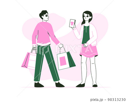 Shopping characters, young couple buying goods together. Online internet purchases, retail clothing store customers flat vector illustration. Mobile shopping scene Shopping characters, young couple buying goods together. Online internet purchases, retail clothing store customers flat vector illustration. Mobile shopping scene 98313230