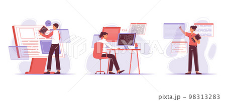 Flat IT developers and programmers, outline software engineers. Programming developers coding and testing products flat vector illustration set. Software engineers scenes 98313283