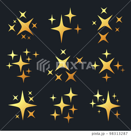 Golden shiny sparkle stars, flash lights glitter sparks. Twinkling gold sparkles, shiny stars silhouettes flat vector symbols illustration set. Glitter shimmering stars Golden shiny sparkle stars, flash lights glitter sparks. Twinkling gold sparkles, shiny stars silhouettes flat vector symbols illustration set. Glitter shimmering stars 98313287