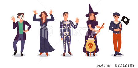 Halloween party characters wearing witch, vampire and pirate costumes. Spooky masquerade event, happy people treat or treating flat symbols illustration set. Cartoon Halloween characters 98313288
