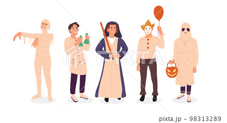 Halloween party event mummy, clown and ghost cartoon characters. People wearing masquerade costumes, spooky holiday party costumes flat illustration set. Trick or treat masquerade Halloween party event mummy, clown and ghost cartoon characters. People wearing masquerade costumes, spooky holiday party costumes flat illustration set. Trick or treat masquerade 98313289