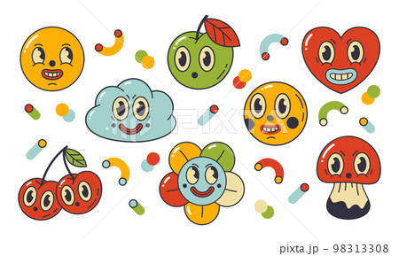 Cartoon funny comic characters, abstract stickers faces. Heart, cloud, mushroom and cherry mascots flat vector symbols illustration set. Cute comic emoji bundle Cartoon funny comic characters, abstract stickers faces. Heart, cloud, mushroom and cherry mascots flat vector symbols illustration set. Cute comic emoji bundle 98313308