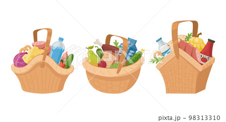 Cartoon picnic wicker baskets, grocery shopping or picnic snacks. Hamper handle baskets with vegetable, fruits, cheese and bread flat vector illustration set. Wicker picnic baskets 98313310