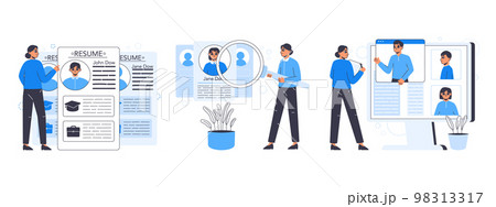 Headhunting agency recruitment, job interview and hiring process. People searching job, HR specialist and work position candidates flat vector illustration set. Job interview scenes 98313317