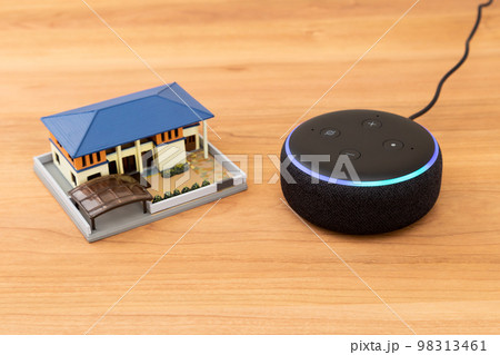 テーブルに置かれた住宅模型とスマートスピーカー 98313461